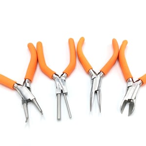 Set of 4 Jewelry Plier - Bend Nose - Looping Plier - Chain Nose - Side Cutter Pliers - Comfortable Foam Grips - Orange Color