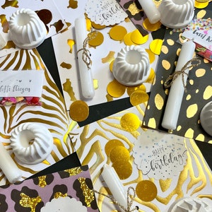 Geburtstag to go / Geschenkset Kerze mit Gugelhupf Kerzenhalter und Geschenkkarte / Kerzenständer Kuchen /Konfetti Party Geburtstagskerze