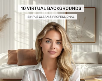 May include: A woman with long blonde hair is sitting in front of a white sofa with brown cushions. The background is a white wall with vertical lines. The text "10 VIRTUAL BACKGROUNDS" and "SIMPLE CLEAN & PROFESSIONAL" is displayed above the woman.