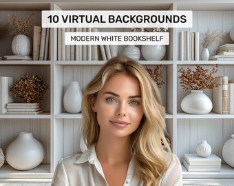 May include: A white bookshelf with books, vases, and decorative items. The bookshelf is a modern design with a simple white finish. The text "10 VIRTUAL BACKGROUNDS MODERN WHITE BOOKSHELF" is displayed at the top of the image.