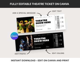 Puede incluir: Plantilla de boleto de teatro editable en Canva. La plantilla presenta un diseño en blanco y negro con el texto "HAPPY BDAY EMILY LOV U" y "THEATRE SHOW HERE". La plantilla también incluye un lugar para una foto y un mensaje especial.