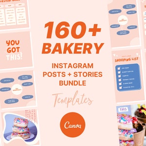 May include: A collection of 160+ Instagram post and story templates for bakeries. The templates feature a pink and orange color scheme with various designs, including donuts, cupcakes, and other bakery items. The text "160+ BAKERY INSTAGRAM POSTS + STORIES BUNDLE Templates Canva" is displayed in large, bold letters.