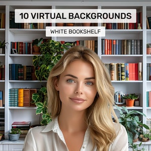 Könnte beinhalten: Ein weißes Bücherregal gefüllt mit Büchern und Pflanzen. Das Bücherregal ist ein virtueller Hintergrund für Videoanrufe.