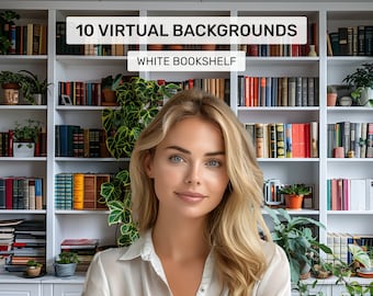 May include: A white bookshelf filled with books and plants. The bookshelf is a virtual background for video calls.