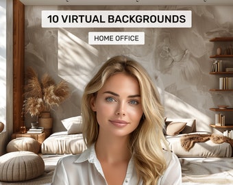 May include: A woman with blonde hair is in the foreground of the image. The background is a home office with a bed, a bookshelf, and a plant. The text "10 VIRTUAL BACKGROUNDS" and "HOME OFFICE" is visible in the image.