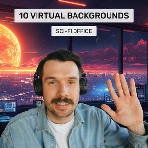 May include: A man with a mustache wearing headphones smiles and waves in front of a virtual background. The background is a futuristic city with a large red planet in the sky. The text "10 VIRTUAL BACKGROUNDS" and "SCI-FI OFFICE" is displayed at the top of the image.