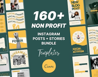Puede incluir: Una colección de más de 160 plantillas de publicaciones e historias de Instagram para organizaciones sin fines de lucro. Las plantillas presentan un esquema de color amarillo y verde con texto que incluye "Cambio social", "Tienes el poder", "Sorteo", "Activismo social" y "Mi cuerpo, mis reglas". Las plantillas están diseñadas para ser utilizadas con Canva.