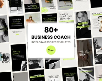Pode incluir: Uma colagem de mais de 80 modelos de histórias do Instagram para treinadores de negócios. Os modelos apresentam imagens em preto e branco, texto verde e branco e um logotipo da Canva. O texto inclui frases como "Give Give Away Away", "Energy Flows", "Manifest Your Dreams Into Reality", "Growing Social Media", "A Strong Identity", "Online 1:1 Consultation", "Social Media Marketing" e "Meet Your Coach".