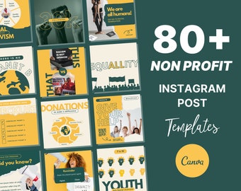 May include: A collection of 80+ Instagram post templates for non-profit organizations. The templates feature a variety of designs with a green and yellow color scheme. The text on the templates includes phrases like "We are all humans!" and "Give your help".