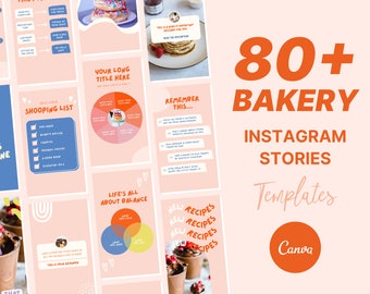 May include: A collection of 80+ bakery Instagram story templates designed for Canva. The templates feature a variety of designs, including a shopping list, a pie chart, a balance diagram, and a recipe card. The templates are in a pink and orange color scheme.