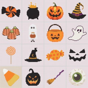 May include: A set of 12 Halloween-themed cross-stitch patterns featuring various icons like pumpkins, candy, ghosts, witches, and a cauldron.