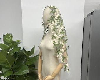 Green Mantilla Wedding Veil,Fairy Green Leaf Lace Bridal Veil,Wedding Headpiece for Faerie,Beach Bridal Veil,Cathedral Fingertip Hijab Veil