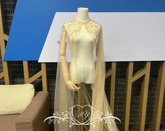 Luxury Beaded Lace Bridal Veil Cape,Sequined&Beading Wedding Cape,Wedding Shoulder Train,Tulle Cape Bridal,Long Capelet for Wedding