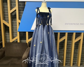 Spaghetti Strap Prom Dress for Woman,Navy Star Fairy Dress for Senior Prom,Beads Prom Dress,Sleeveless Floor Length Prom Dress