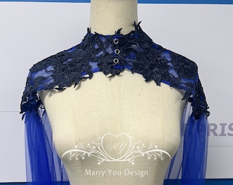 Capa de boda elegante, capa de velo nupcial de encaje azul marino especial, velo de catedral de encaje floral, novia de capa de encaje floral, capelet largo para boda