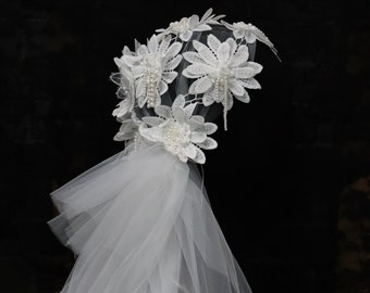 Waltz Length Juliet Veil,53'' Beading Juliet Cap Veil,Wedding Veil,Floral Lace Veil for Wedding,3D Flowers Bridal Veil,Beach Wedding Veil