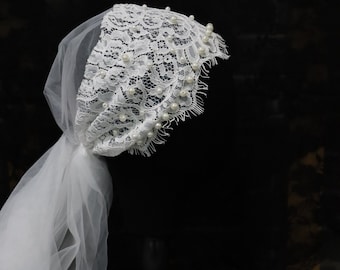 53''Juliet Cap Veil,Special Wedding Veil,Trim Pearl Lace Veil for Wedding,Luxury Bridal Veil,Fingertip Length Juliet Veil,Beach Wedding Veil