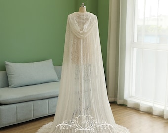 Ivory Cape Veil,Gothic Black Bridal Clock,Celestial Lace Wedding Cape,Classic Capulet Wedding Cape with Hood,Floral Lace Cathedral Cape Veil