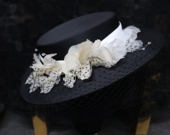 Gothic Black Bride Hat,Wide Brim Felt Hat,Coco Herben Style Black Wedding Hat with Fake Flower,Unique Hat for Woman,Modern Bridal Hat