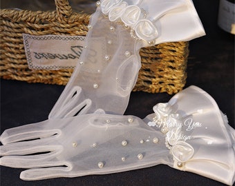 Short Wedding Tulle Gloves,Pearl Satin Gloves for Wedding,Bridal Lace Gloves,White Sheer Woman Gloves for Party,Prom,Photo Shooting