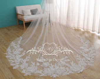 Voile de mariée dentelle féerique, Voile de mariée dentelle à fleurs, Voile de mariée dentelle à grandes fleurs, Voile de mariée en tulle, Voile de mariée pelouse à un étage, Voile avec peigne