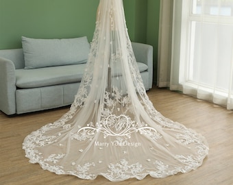 Dramatic Wedding Veil,Edge Cascading Bridal Veil,Ivory/White Cathedral Veil with Comb,Flower Lace Trim Veil,One Tier Wedding Veil
