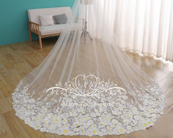 Voile de mariée élégant en dentelle florale blanche et jaune, Voile de mariée en dentelle florale élégante, Voile de mariage en dentelle de tulle, Voile de mariage pour pelouse à un étage