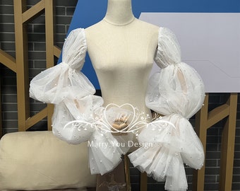 Boho Pearl Long Sleeve for Bridal Dress,Elegant Long Tulle Pop Sleeves,Removable Wedding Dress Sleeves,Bridal Gown Sleeves,Ivory Sleeves