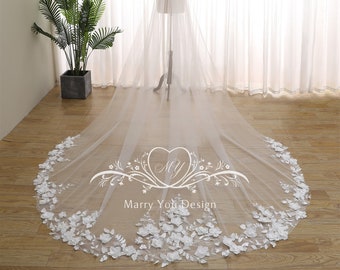 Elegant Soft Floral Lace Wedding Veil,All Lengths Available,Simple 3D Floral Lace Cathedral Veil,Fingertip Bridal Veil,Chapel Bridal Veil