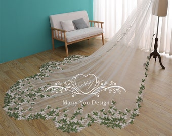 Unique Scalloped Wedding Veil,Green Floral Lace Bridal Veil,White&Green Leaves Wedding Veil,1 tier Lawn Wedding Veil,Elegant Veil with Comb