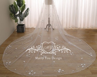 Elegant Scattered Floral Applique Bridal Veil,Custom Wedding Veil,Scattered Crystal&Pearl Wedding Veil,Cathedral/Chapel Length  Veil