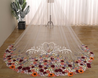 Luxury Colorful Floral Lace Veil for Lawn Wedding,Beautiful Lace Wedding Veil,Floral Lace Wedding Veil,Wedding Veil,Cathedral Length Veil