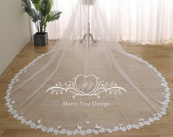 Elegant Flowery Wedding Veil,3D Butterflies Soft Wedding Veil,All Lengths Available,Floral Lace Cathedral Veil,Fingertip Veil,Waltz Length
