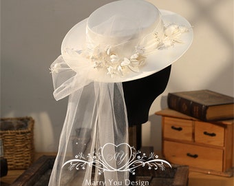 Fake Flower Boho Bride Hat,Elegant Pearl Wide Brim Felt Hat,Coco Herben Style Wedding Hat with Veil,Unique Hat for Woman,Modern Bridal Hat