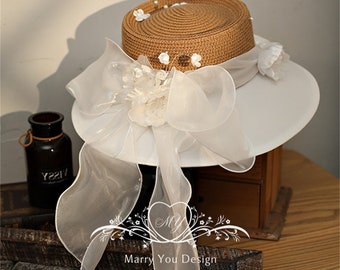 Chapeau en feutre à large bord blanc et marron marguerite, chapeau de mariée vintage avec fausses fleurs, chapeau de mariage de style coco herben, chapeau unique pour séance photo, chapeau de mariée moderne