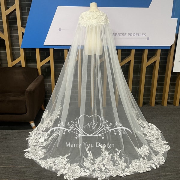 Elegant Ivory Wedding Cape,Luxury Beading Lace Bridal Veil Cape,Floral Lace Cathedral Veil,Floral Lace Tulle Cape,Long Capelet for Wedding