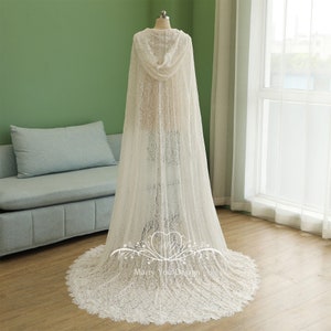 Ivory Cape Veil,Gothic Black Bridal Clock,Celestial Lace Wedding Cape,Classic Capulet Wedding Cape with Hood,Floral Lace Cathedral Cape Veil