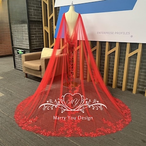 Red Wedding Cape Veil,Sequined Sparkle Lace Bridal Cape,Cathedral Shinning Wedding Veil,Vintage Veil for Wedding,Lace Applique Wedding Veil