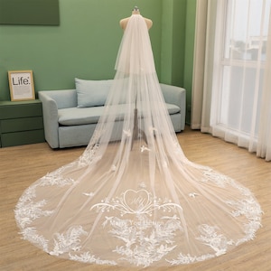 Two Tiers Luxury Bird Lace Wedding Veil,Cathedral Bridal Veil with Blusher,Ivory/White Tulle Wedding Veil with Comb,Floral Lace Bridal Veil
