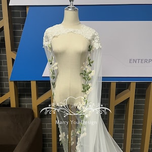 Custom Wedding Cape for Faerie,Fairy Edge Green Flower Lace Wedding Cloak,Lace Cape Veil with Floral Design,Embroidered Flowers Lace Veil
