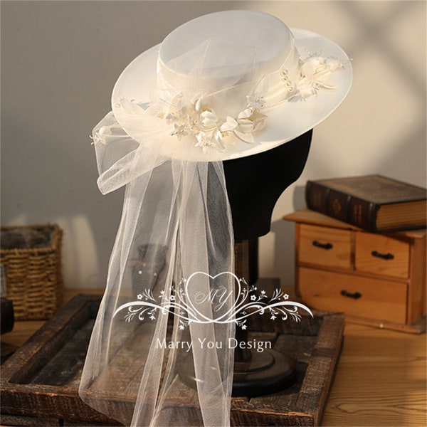 Fake Flower Boho Bride Hat,Elegant Pearl Wide Brim Felt Hat,Coco Herben Style Wedding Hat with Veil,Unique Hat for Woman,Modern Bridal Hat