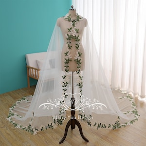 Green Floral Trim Lace Lawn Wedding Cape,Hooded Wedding Cape Veil,Long Wedding Cloak for Faerie,Bridal Shoulder Veil,Cathedral Elbow Veil
