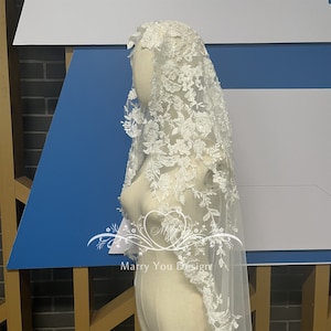 Luxury Beading Mantilla Drop Veil,Floral Lace Tulle Juliet Veil,Elegant Tulle Wedding Veil,Drop Bridal Veil,Beach Wedding Veil,1930s Veil