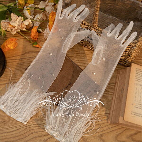 Simple White Sheer Gloves for Wedding,Bridal Tulle Gloves,Long Wedding Gloves with Plume,Arm Gloves,Woman Gloves for Prom,Photo Shooting