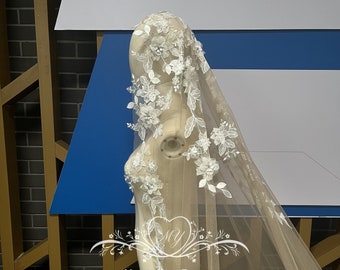 Dramatic Wedding Mantilla Veil,Edge Floral Lace Bridal Veil,Ivory/White Cathedral Veil with Comb,Flower Lace Trim Veil,One Tier Wedding Veil