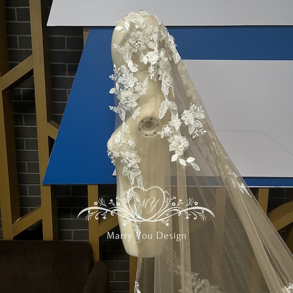 Dramatic Wedding Mantilla Veil,Edge Floral Lace Bridal Veil,Ivory/White Cathedral Veil with Comb,Flower Lace Trim Veil,One Tier Wedding Veil