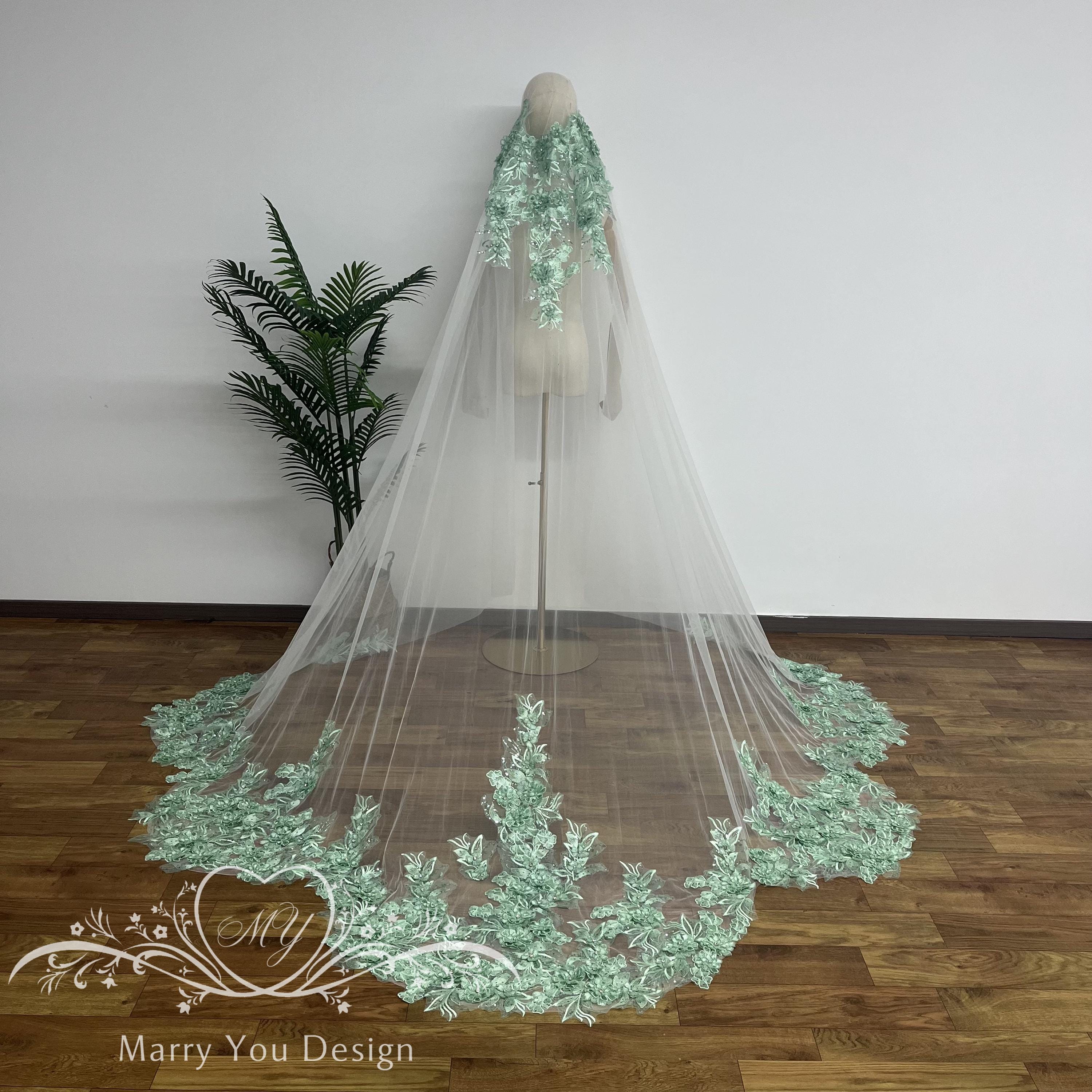 Vintage Juliet Cap Veil,mint Green Floral Bridal Veil 