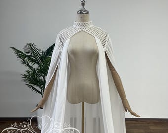 Dreamy Wedding Cape,Minimalist Chiffon Bridal Capelet,Shoulder Cape with Hollow-out Design,Ivory Alternative Veil,Chiffon Bridal Cover Up