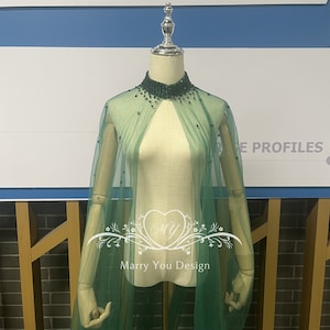 Sheer Fairy Cape Veil,Green Beading and Sequined Bridal Veil Cape,Custom Length and Colors Shoulder Cloak,Bridal Cape,Long Shoulder Cape