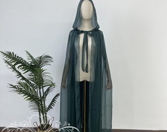 Dark Green Chiffon Wedding Cape,Bridal Veil Cape,Soft Chiffon Hooded Shoulder Cloak,Bridal Cape,Long Shoulder Cape,Floor Length Cape